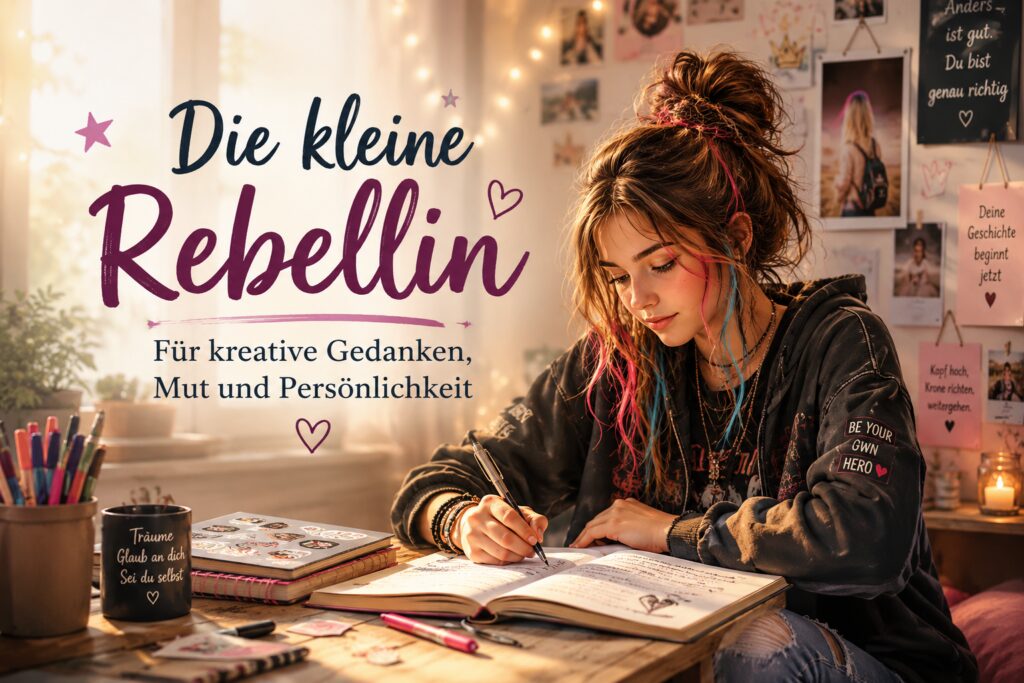 Kreatives rebellisches Mädchen schreibt Gedanken in ihr Tagebuch in gemütlicher Atmosphäre