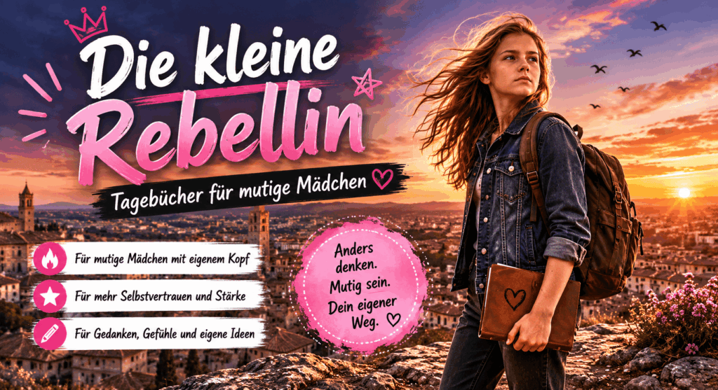 Mutiges Mädchen mit Tagebuch geht ihren eigenen Weg und blickt selbstbewusst in die Zukunft