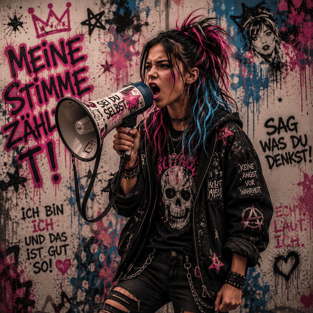 Selbstbewusstes Mädchen mit bunten Haarsträhnen spricht mutig ihre Meinung aus