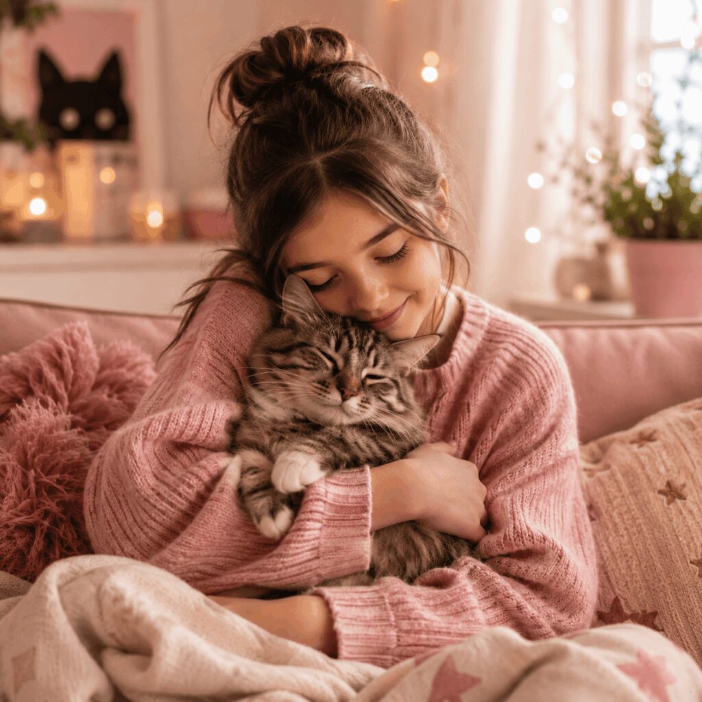 Mädchen kuschelt liebevoll mit ihrer Katze und zeigt Vertrauen und Geborgenheit