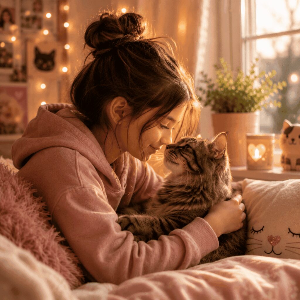 Mädchen verbringt einen liebevollen Moment mit ihrer Katze und zeigt ihre besondere Freundschaft