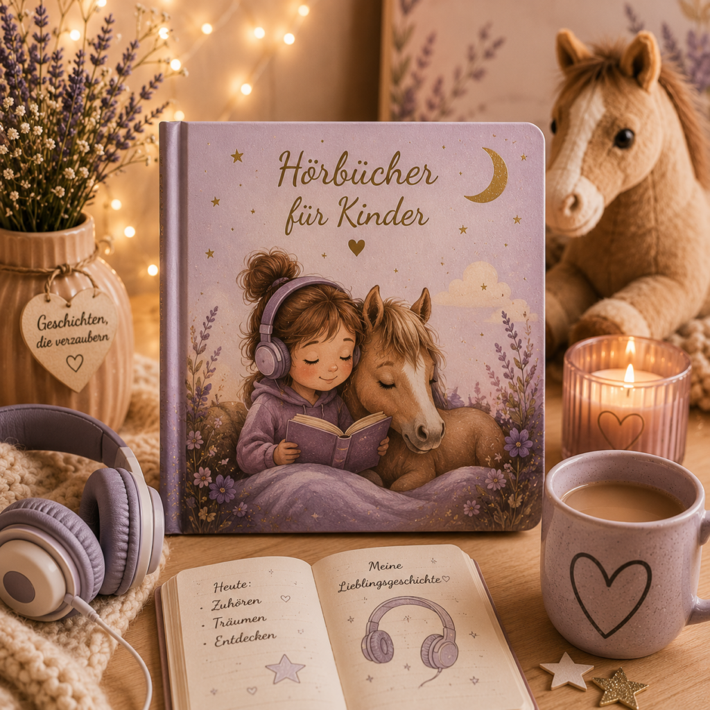 Gemütliche Hörbuchszene für Kinder mit Kopfhörern und fantasievoller Atmosphäre