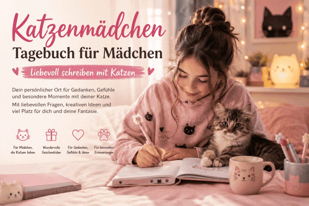 Mädchen schreibt in ihr Tagebuch während eine Katze neben ihr liegt
