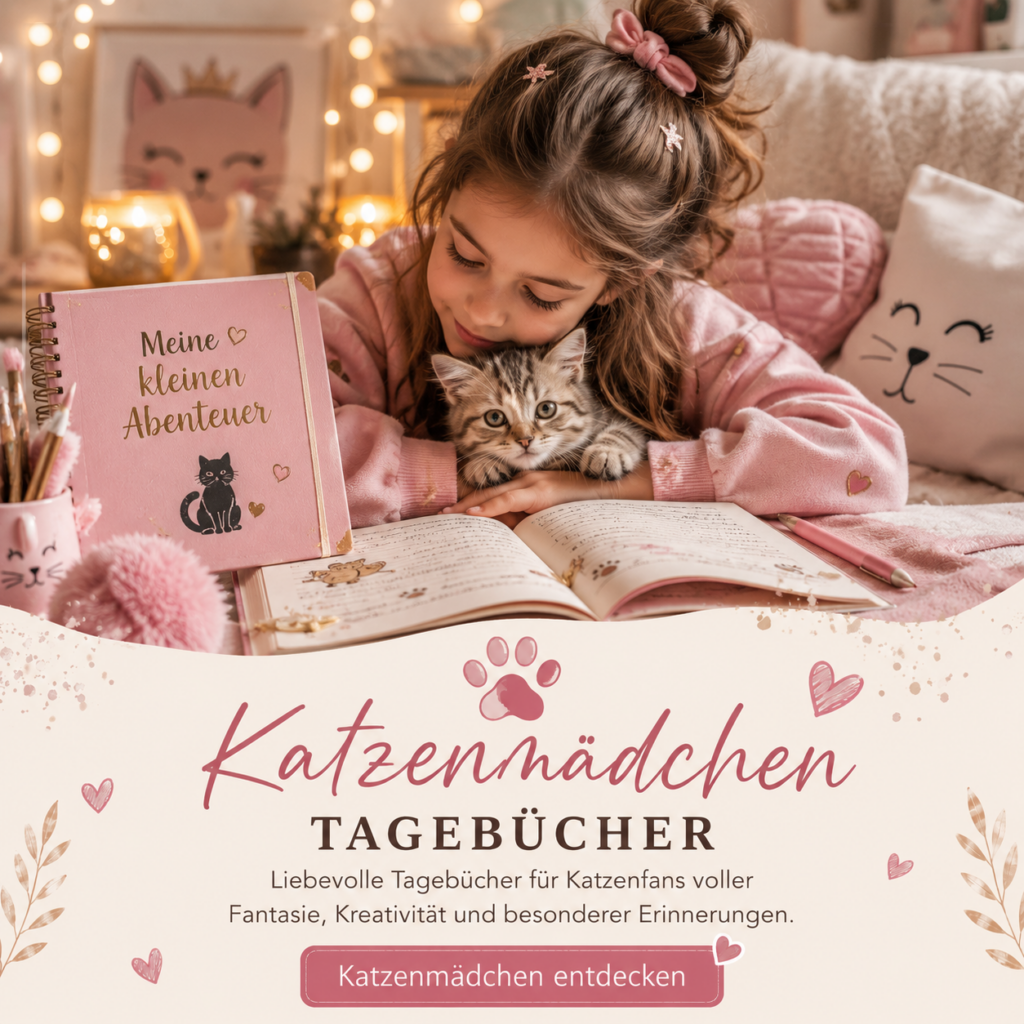 Katzenmädchen mit kleinem Kätzchen und liebevoll gestaltetem Tagebuch