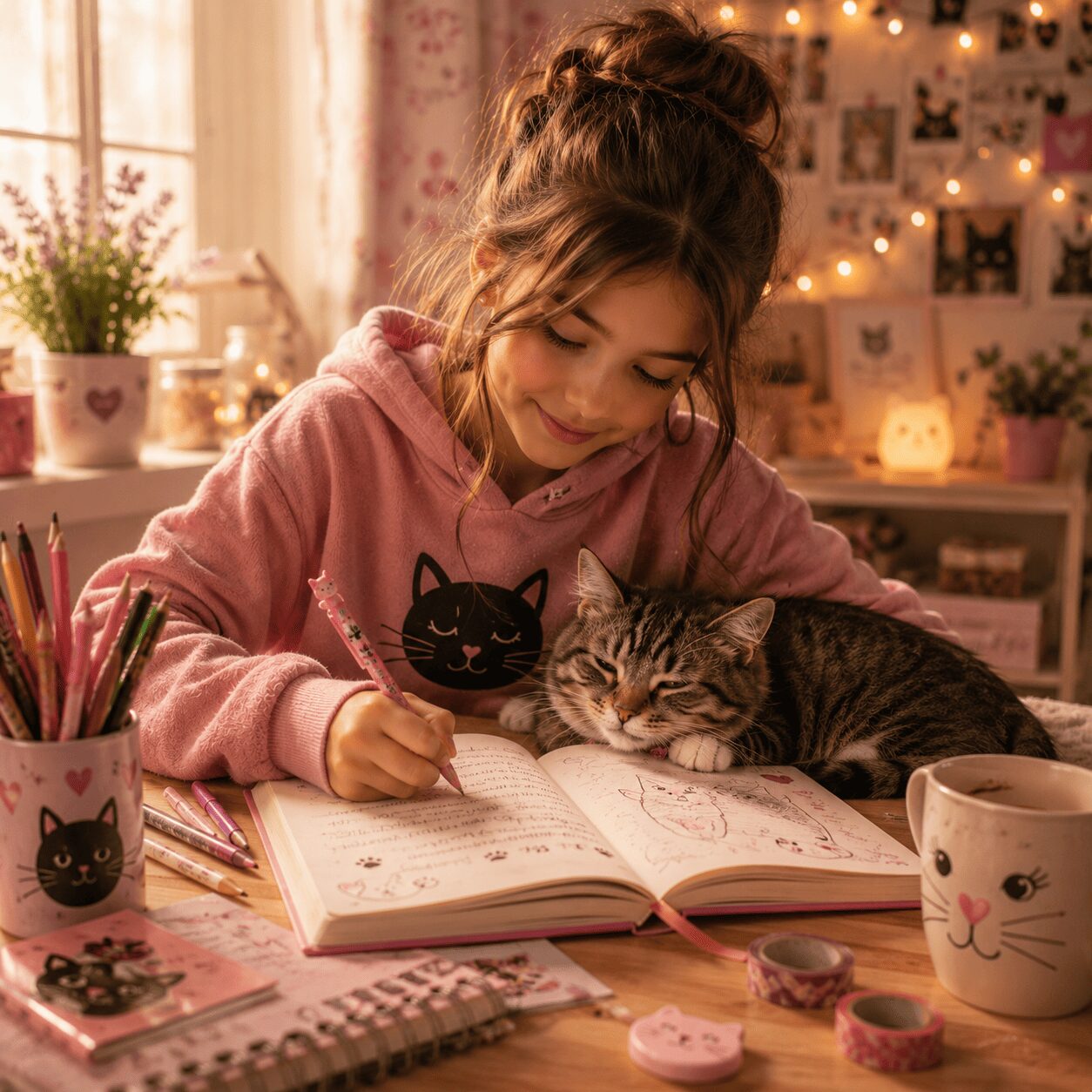 Mädchen schreibt kreativ in ihr Tagebuch während ihre Katze neben ihr liegt