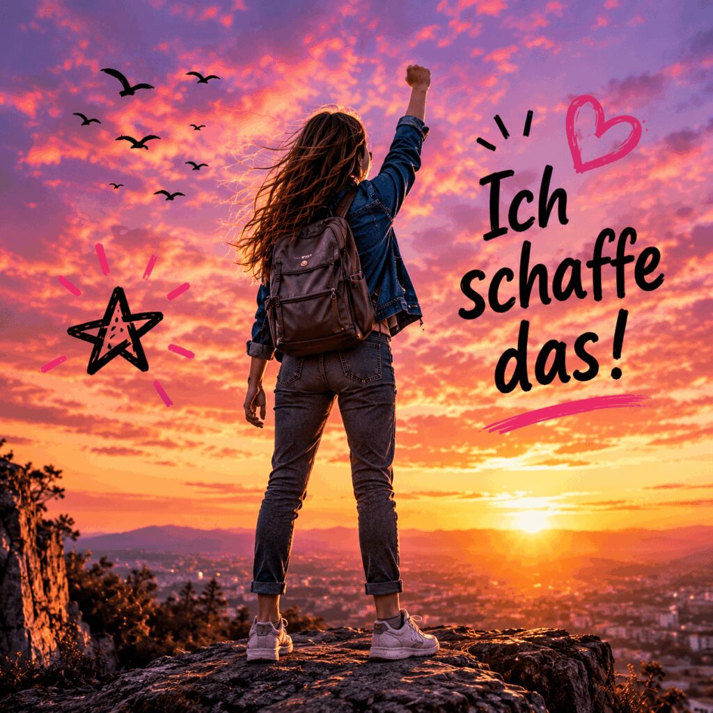 Mutiges Mädchen steht selbstbewusst auf einem Felsen und blickt entschlossen in die Zukunft