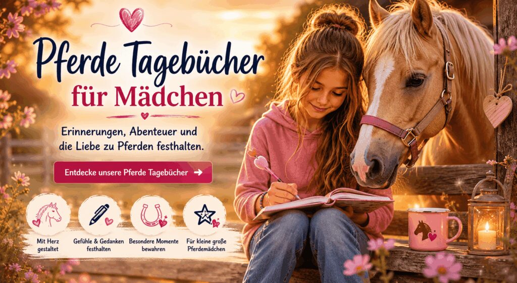 Mädchen schreibt in ihr Pferde Tagebuch neben ihrem Lieblingspferd bei warmem Abendlicht