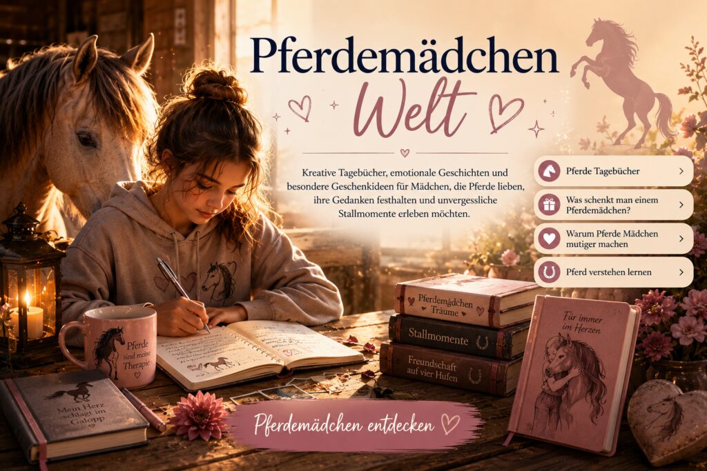 Pferdemädchen schreibt in kreatives Tagebuch neben ihrem Pferd in warmer Abendstimmung