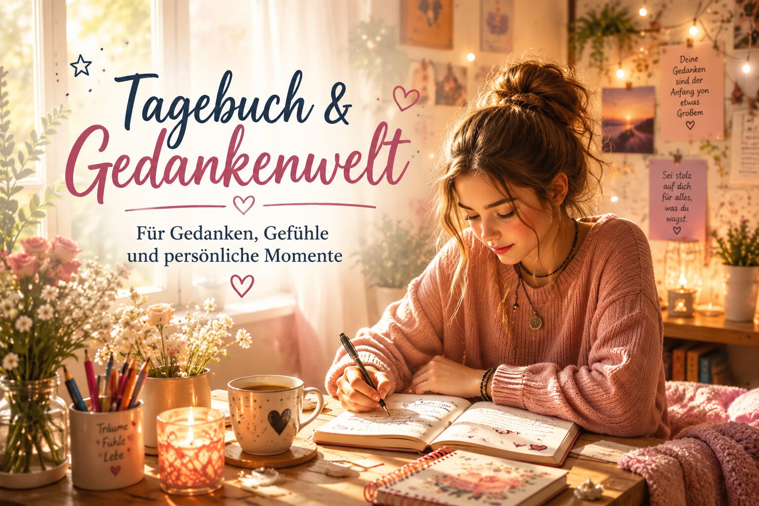 Mädchen schreibt in kreatives Tagebuch in gemütlicher Atmosphäre