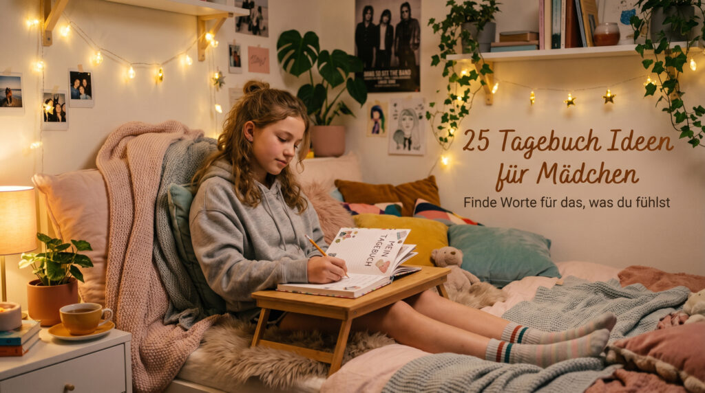 Tagebuch Ideen für Mädchen. Ein Mädchen sitzt auf dem Bett und schreibt in ihr Tagebuch