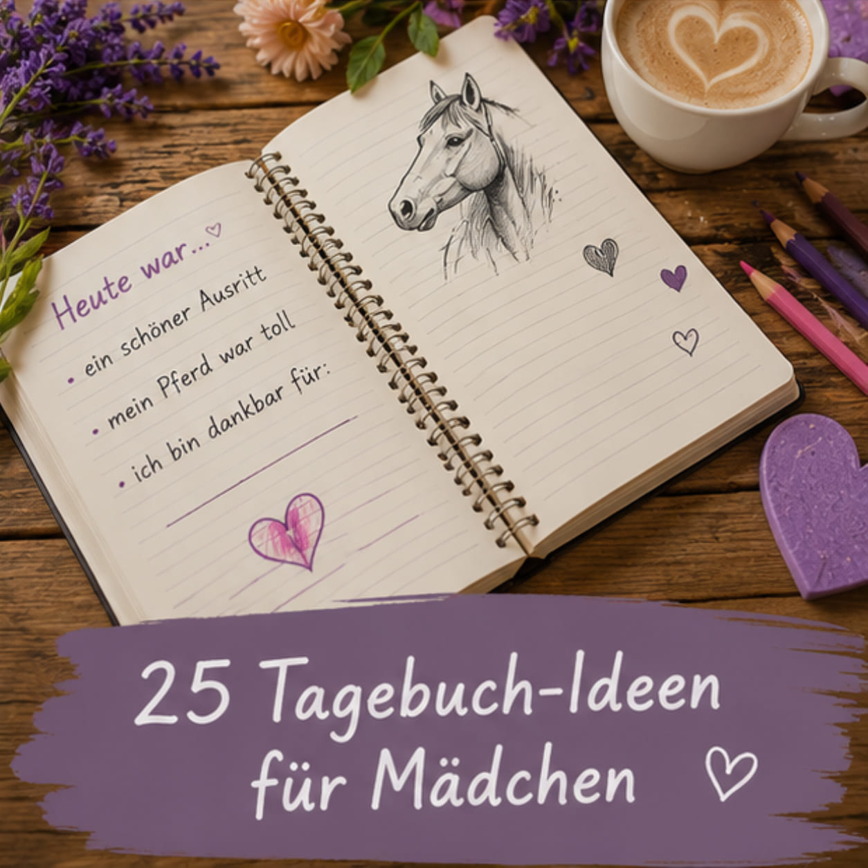 Aufgeschlagenes Tagebuch mit kreativen Schreibideen für Mädchen.