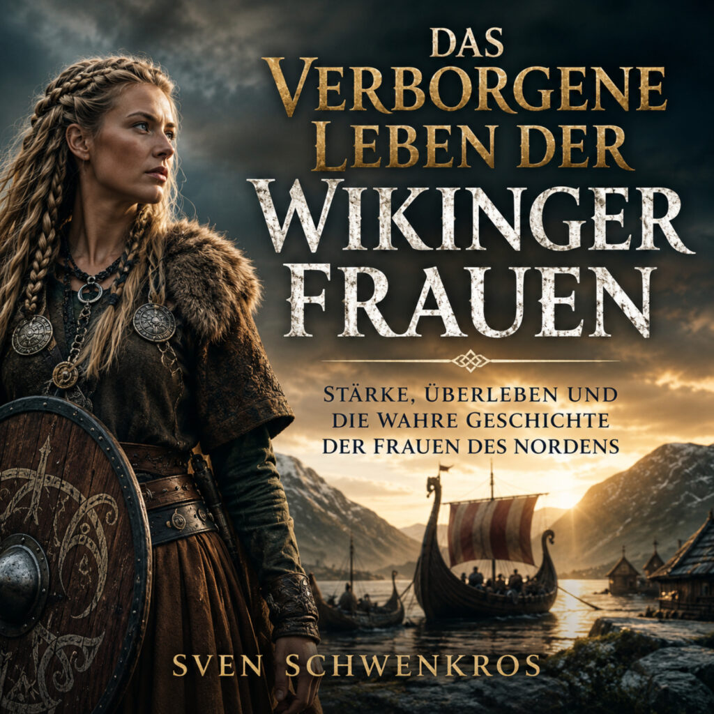 Cover des Hörbuchs Das verborgene Leben der Wikinger Frauen mit einer Wikingerfrau vor einem Fjord und einem Wikinger-Langschiff