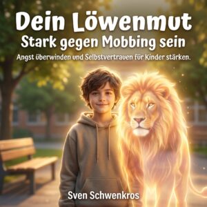 Dein Löwenmut Hörbuch mit mutigem Jungen und leuchtendem Löwen als Symbol für Selbstvertrauen, Stärke und Mut gegen Mobbing