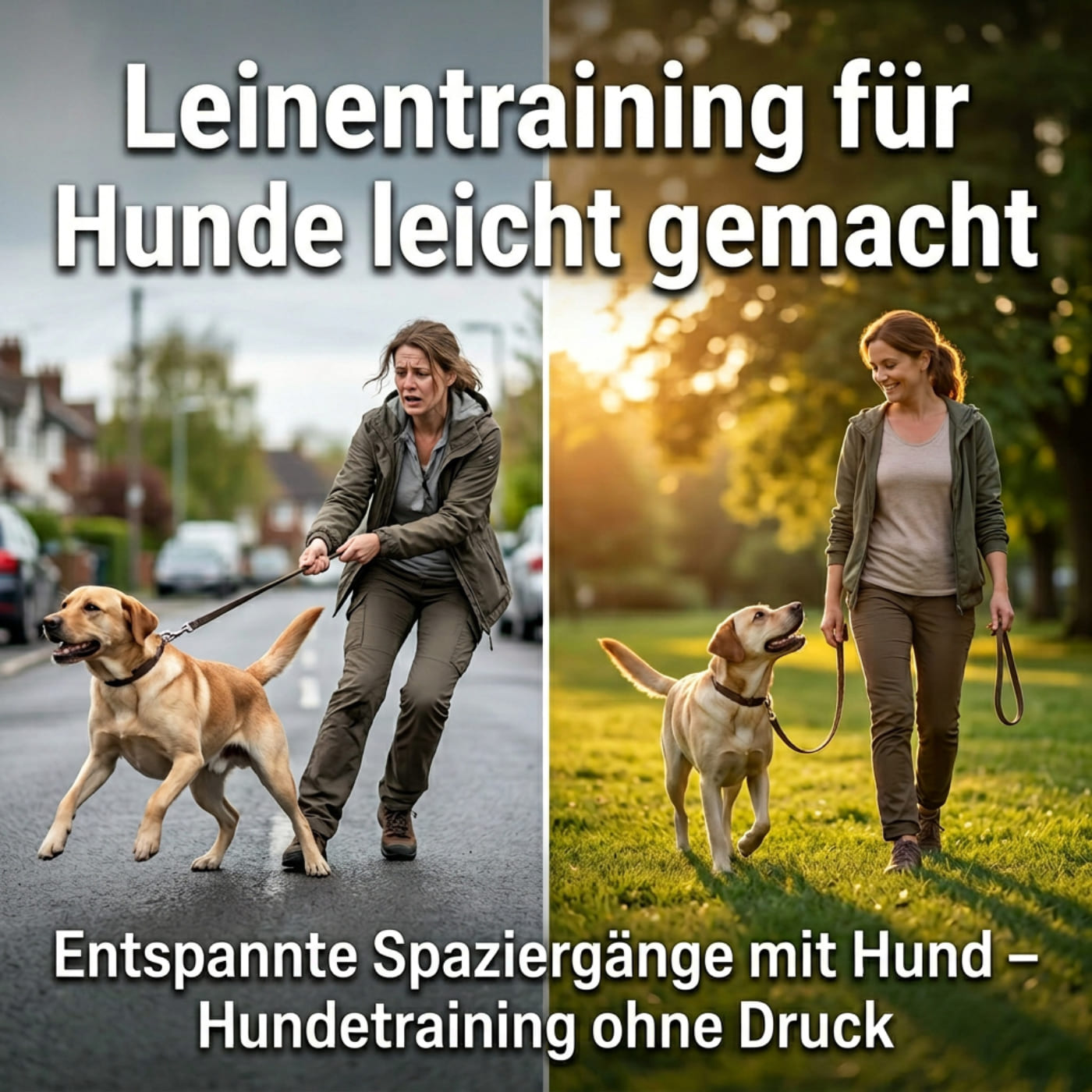 Leinentraining für Hunde mit Vorher-Nachher-Vergleich eines Hundes an der Leine und entspanntem Spaziergang mit Hundebesitzerin