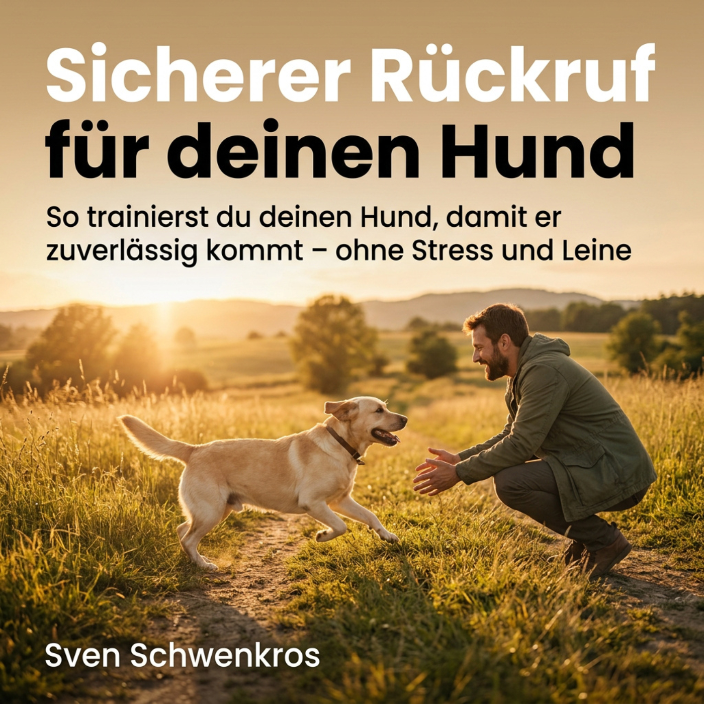 Sicherer Rückruf für deinen Hund mit Hundetraining auf einer Wiese und Hund, der freudig zu seinem Besitzer zurückläuft