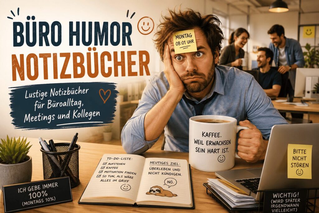 Lustige Büro Humor Notizbücher mit Kaffee, Meetings und humorvollen Sprüchen für den Arbeitsalltag
