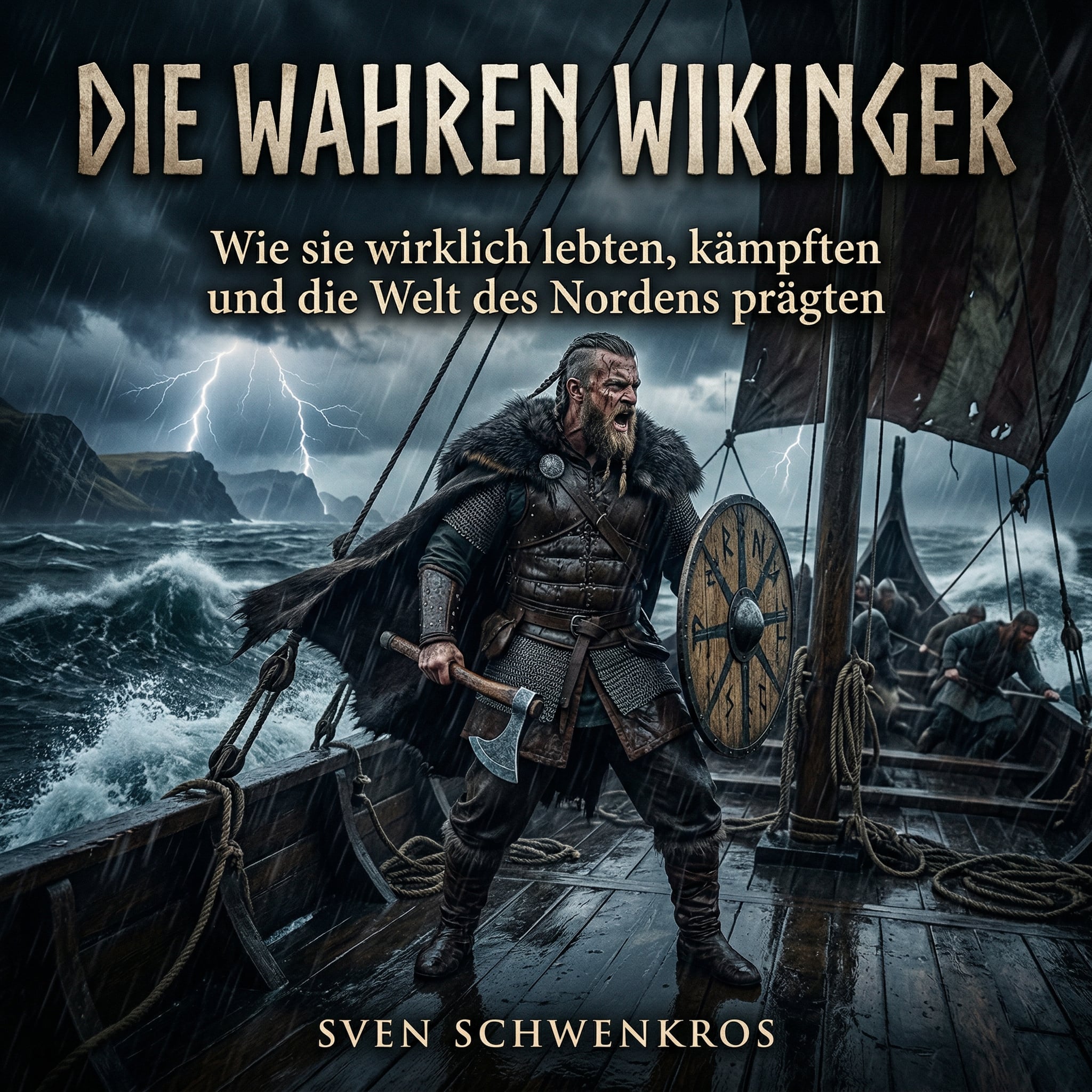 Cover des Hörbuchs Die wahren Wikinger mit Wikingerkrieger auf einem Langschiff während eines Sturms auf hoher See