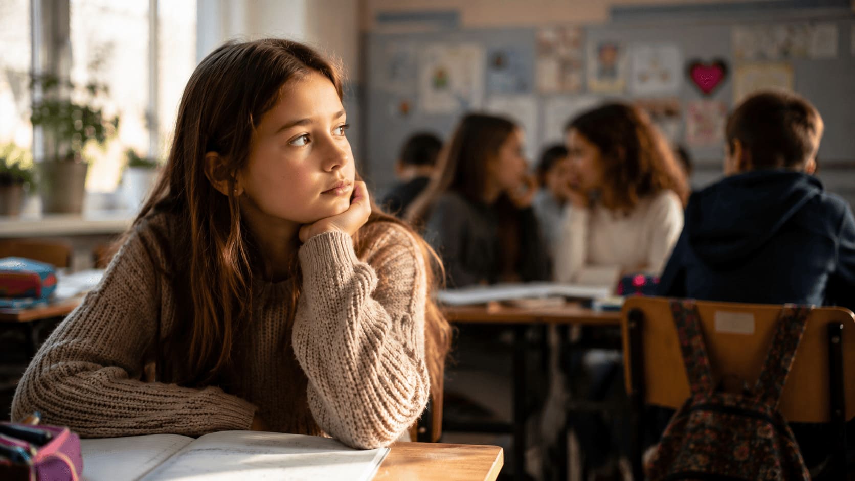 Empathisches Mädchen sitzt nachdenklich im Klassenzimmer und beobachtet aufmerksam seine Mitschüler.
