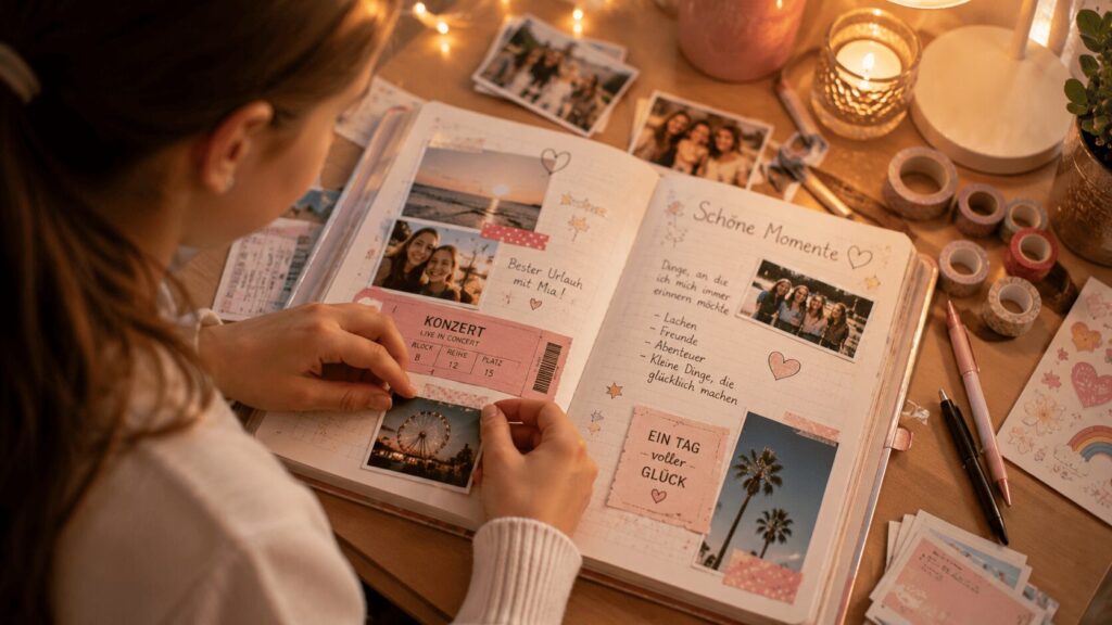 Mädchen gestaltet ihr Tagebuch mit Fotos, Erinnerungen und besonderen Momenten