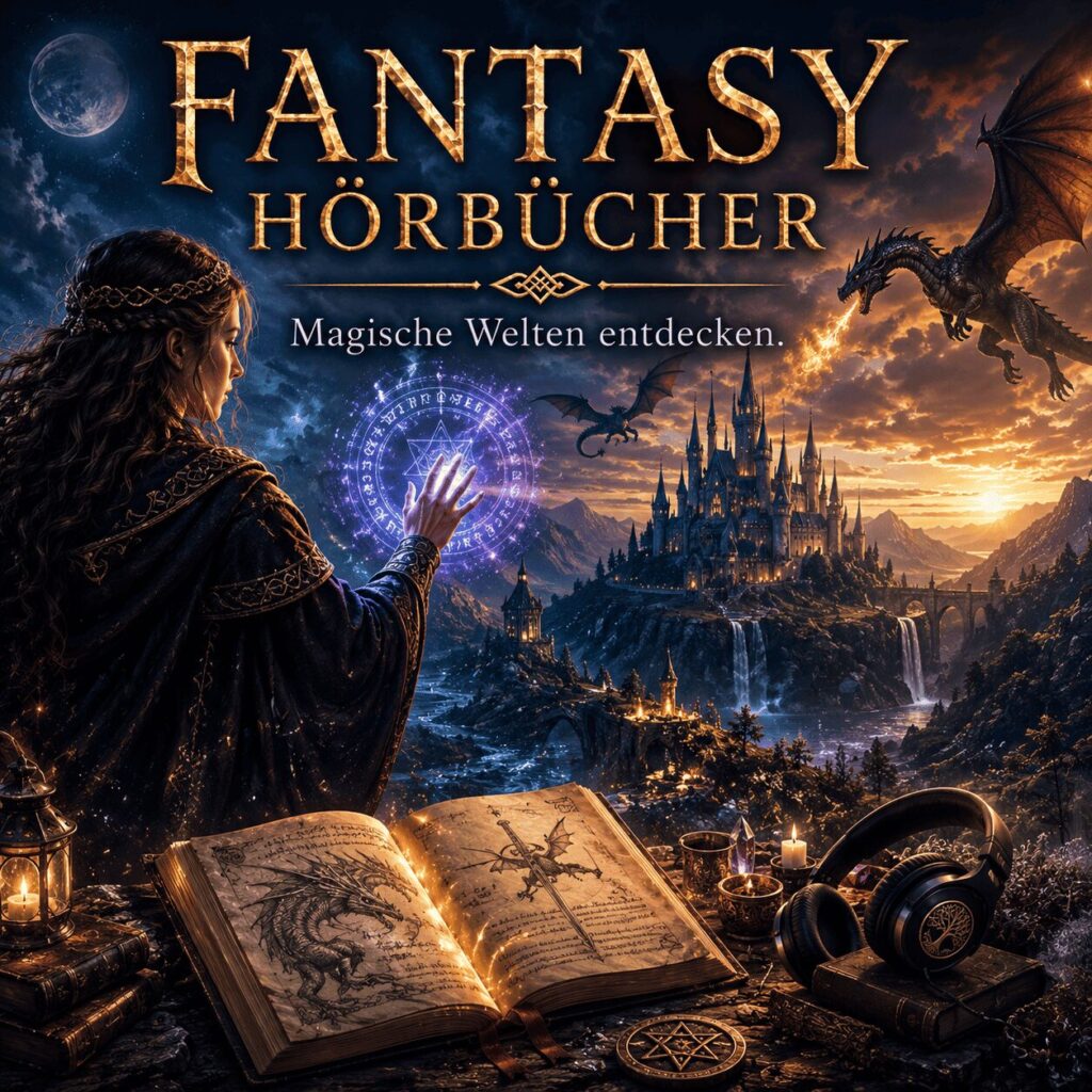 Fantasy Hörbücher mit magischer Burg, Zauberin und fantastischer Landschaft voller Abenteuer