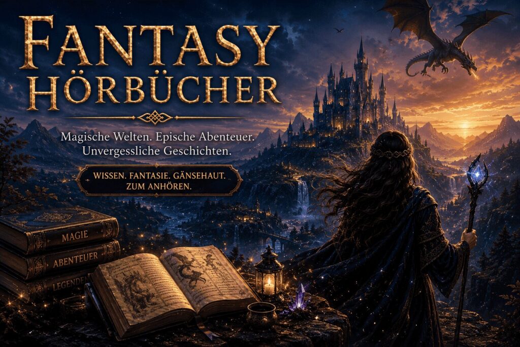 Fantasy Hörbücher mit Zauberin, Drachen, magischem Schloss und fantastischer Landschaft voller Abenteuer und Magie