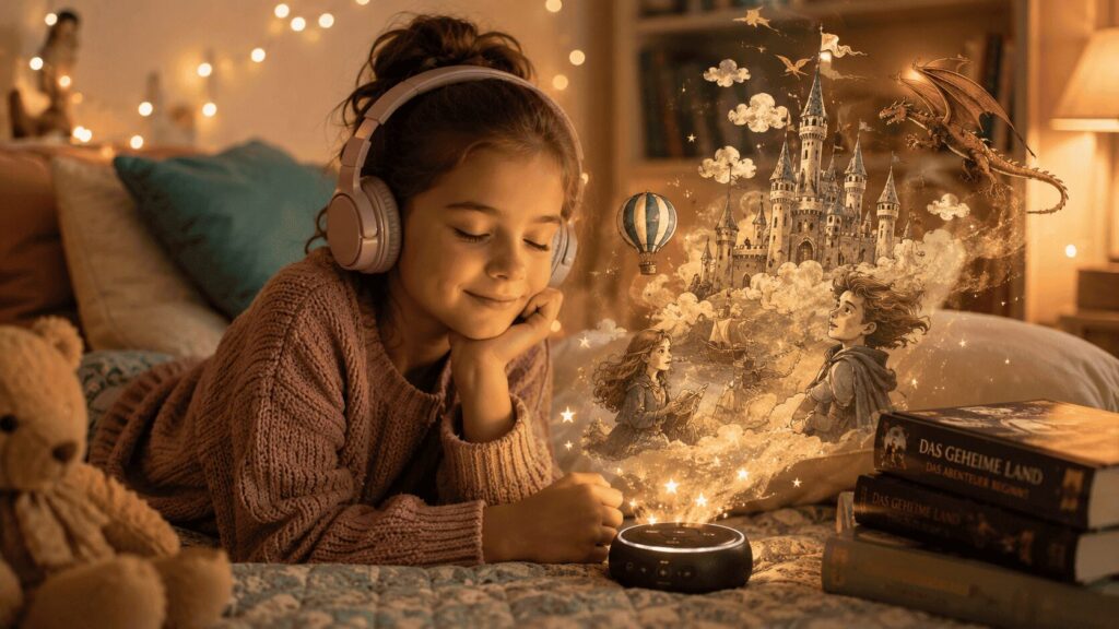 Warum Kinder Hörbücher lieben: Ein Kind hört aufmerksam ein Hörbuch und stellt sich dabei fantasievolle Geschichten und Abenteuer vor.