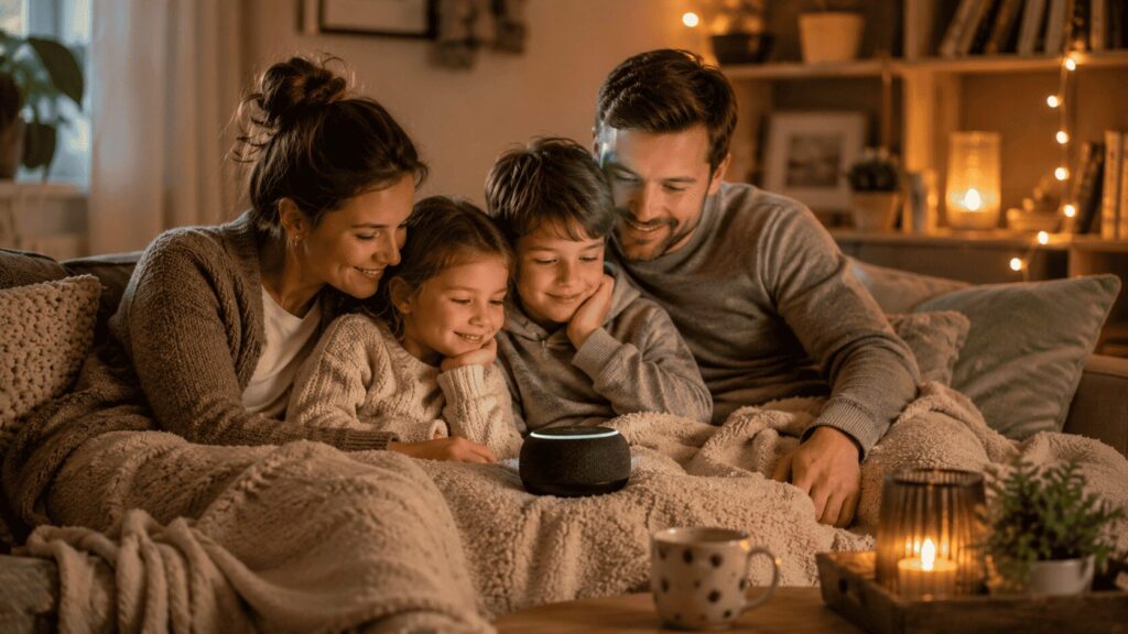 Familie hört gemeinsam ein Hörbuch und verbringt wertvolle Zeit miteinander.