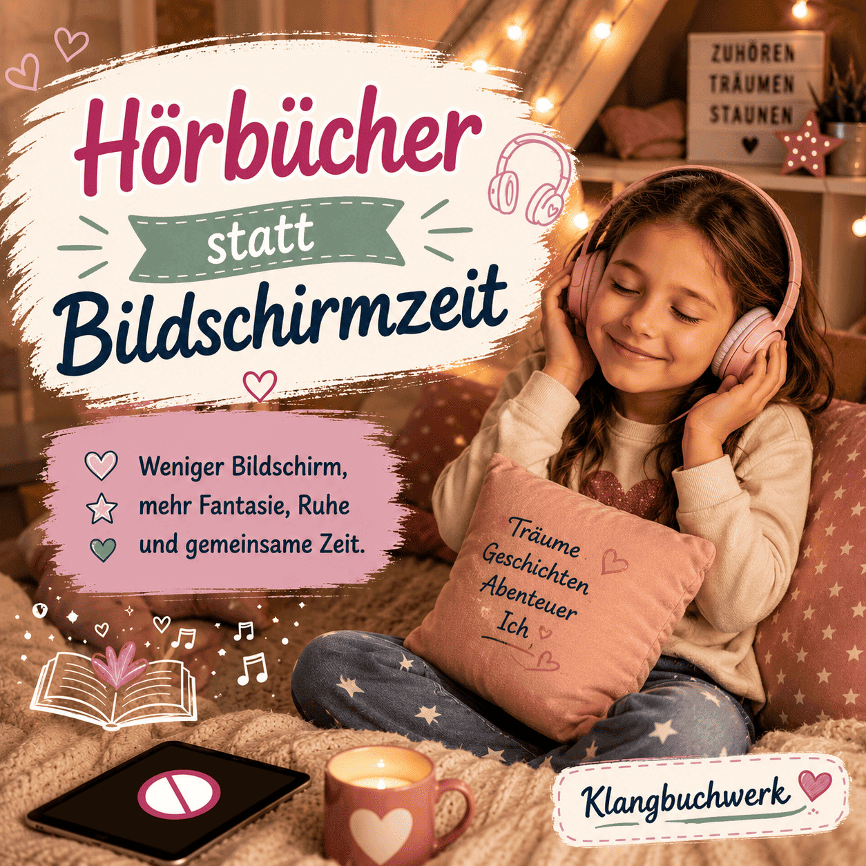 Hörbücher statt Bildschirmzeit – Kind hört entspannt ein Hörbuch