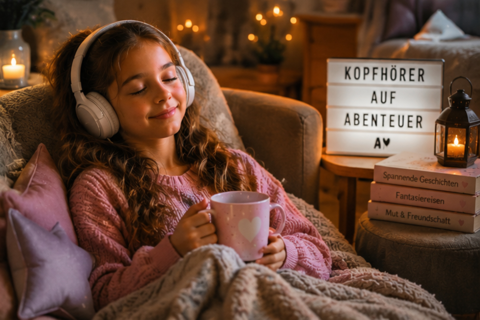 Mädchen hört entspannt ein Hörbuch mit Kopfhörern – Hörbücher als kreative Alternative zur Bildschirmzeit für Kinder.