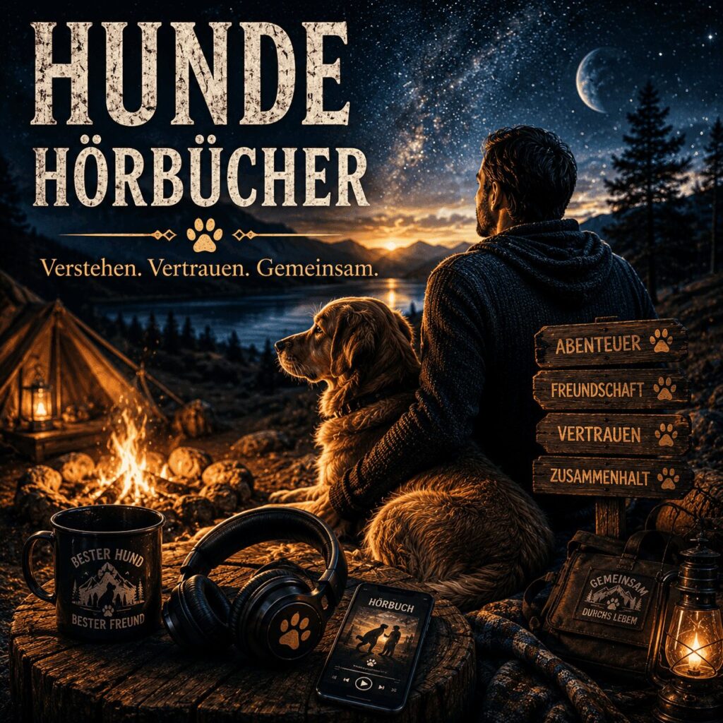 Hunde Hörbücher mit Hund und Besitzer am Lagerfeuer unter einem Sternenhimmel in einer naturnahen Abenteuerlandschaft