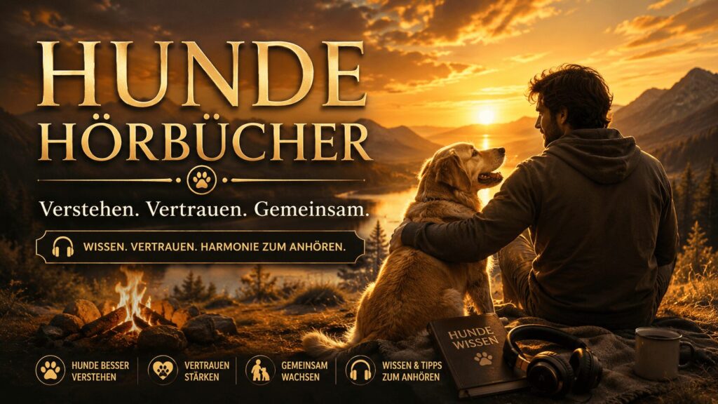 Hunde Hörbücher mit Golden Retriever und Besitzer am Lagerfeuer bei Sonnenuntergang in einer Berglandschaft voller Vertrauen und Verbundenheit