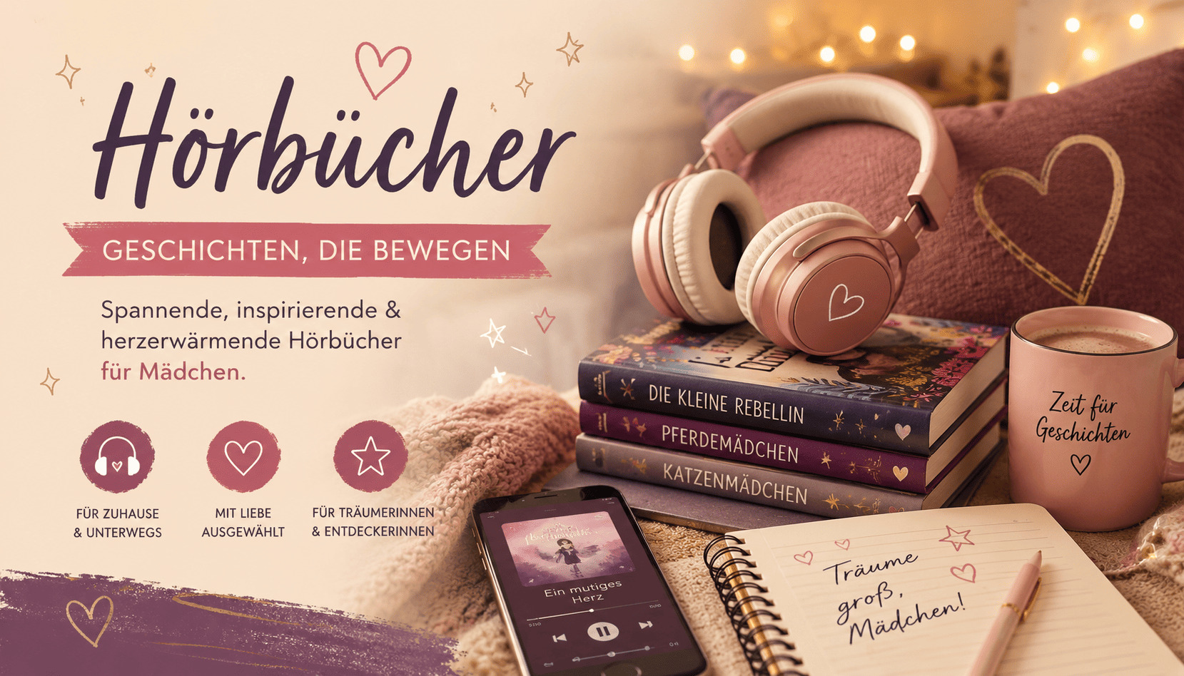 Hörbücher Kategorie Bild mit Kopfhörern, Büchern und gemütlicher Hörbuch Atmosphäre