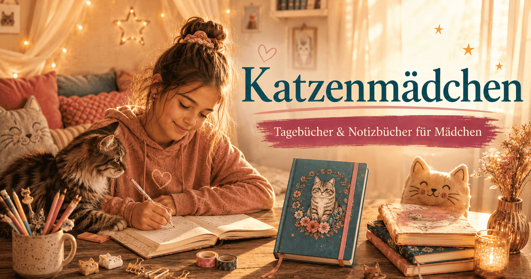Katzenmädchen Kategorie Bild mit Mädchen, Katze und kreativem Tagebuch