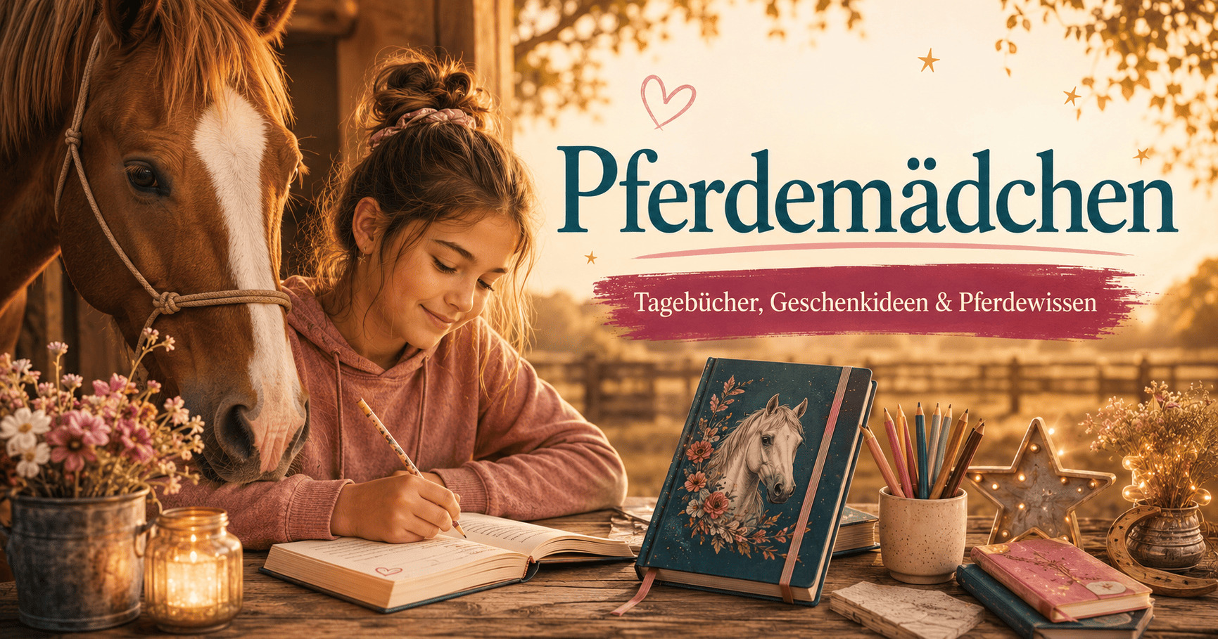 Pferdemädchen Kategorie Bild mit Mädchen, Pferd und kreativem Pferdetagebuch