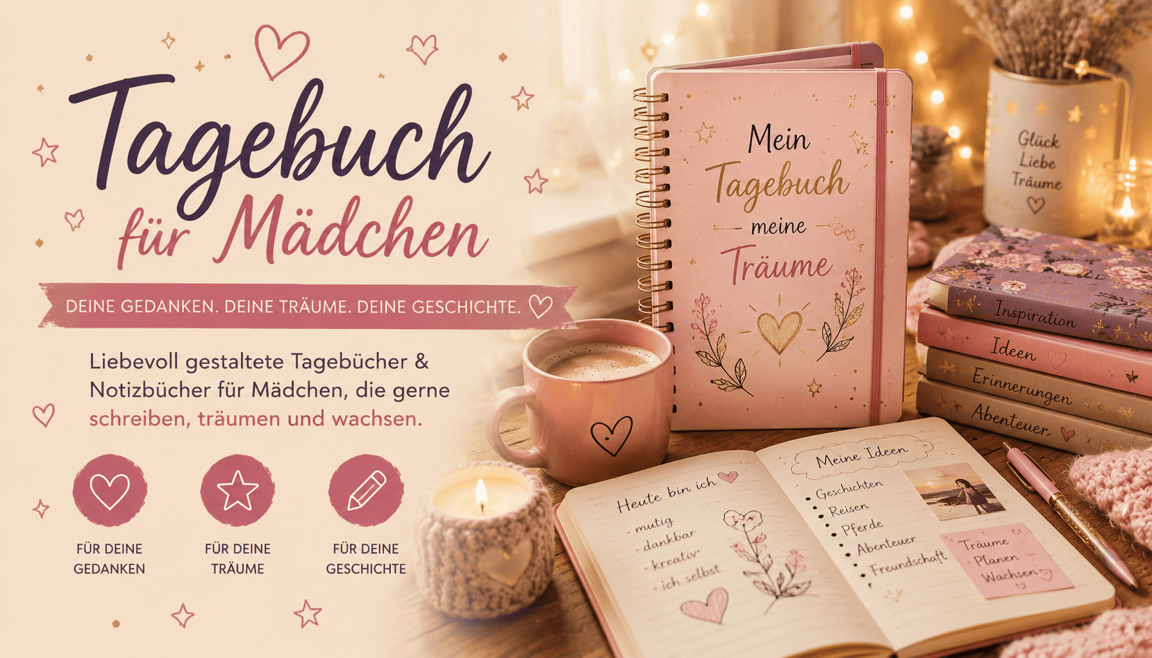 Tagebuch für Mädchen mit kreativen Schreibideen, Gedanken und Träumen