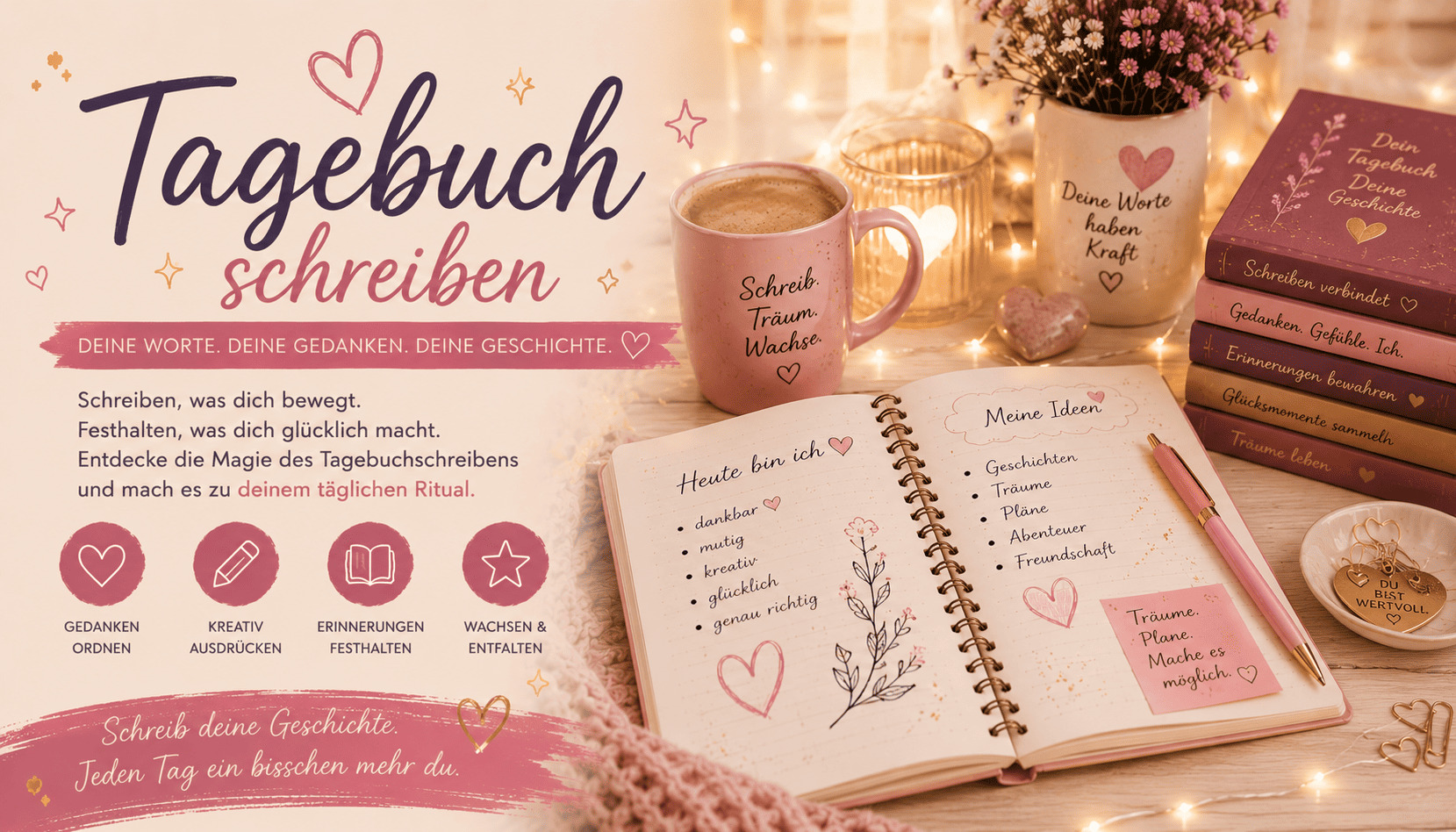 Tagebuch schreiben mit kreativen Ideen, Gedanken und persönlichen Schreibimpulsen