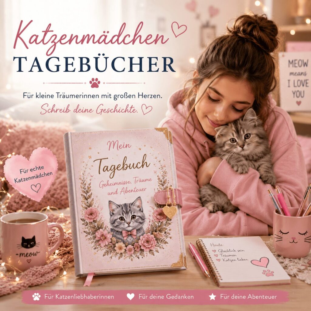 Mädchen mit Katze und liebevoll gestaltetem Katzenmädchen Tagebuch