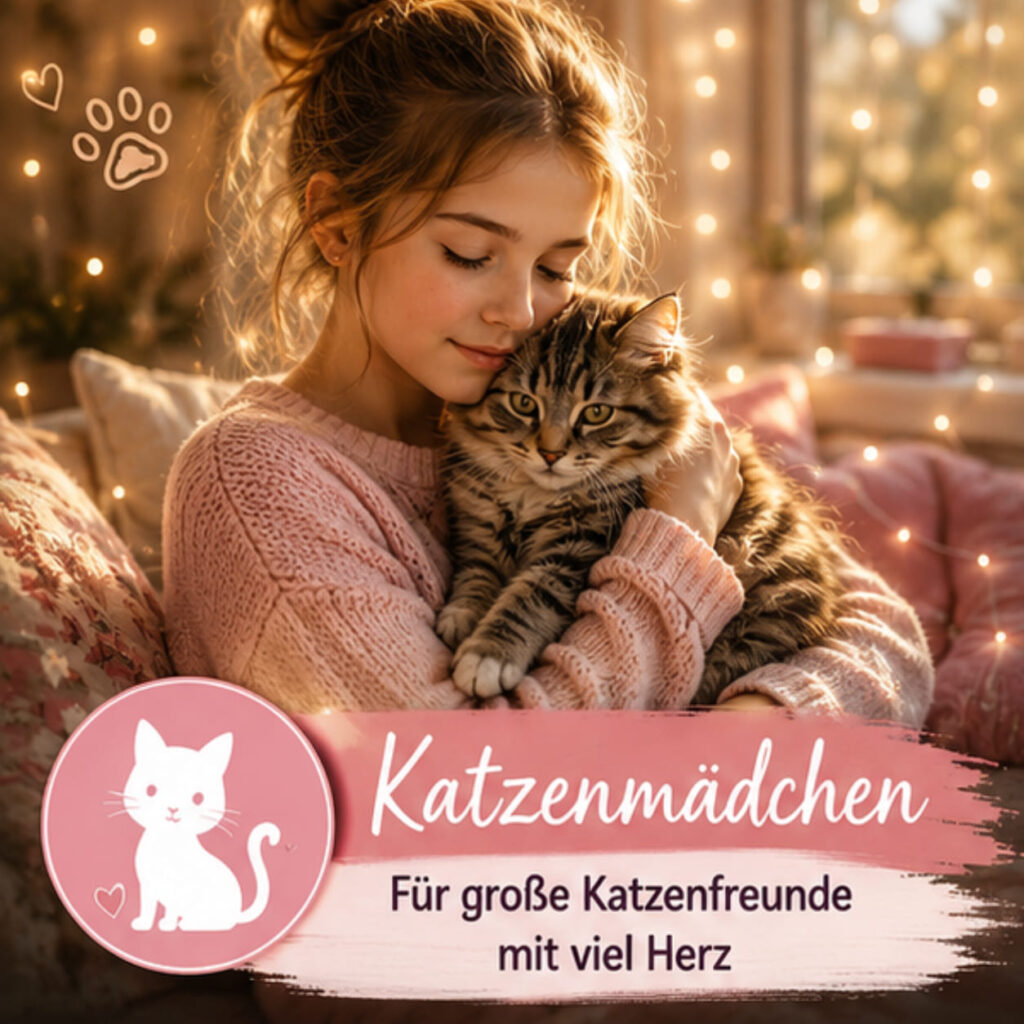 Mädchen kuschelt mit ihrer Katze – kreative Tagebücher für kleine Katzenfreundinnen.
