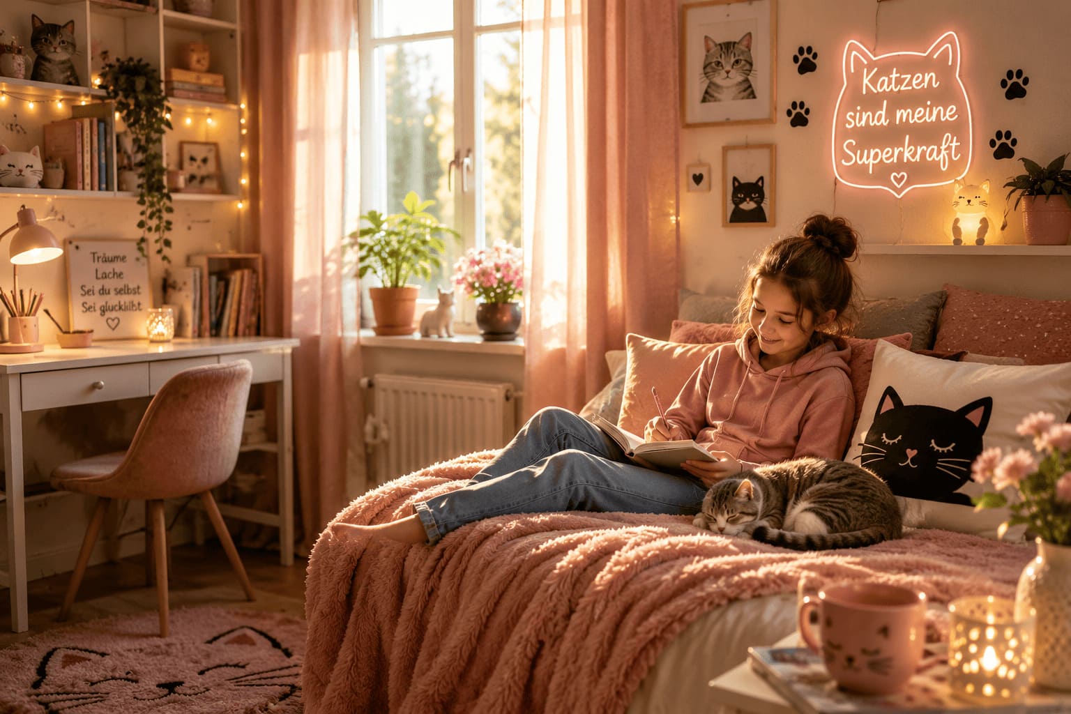 Gemütliches Katzenmädchen-Zimmer mit schreibendem Mädchen und Katze – kreative Ideen für kleine Katzenfans.