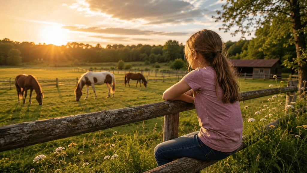 Kind liebt Pferde und beobachtet Pferde auf einer sonnigen Weide.