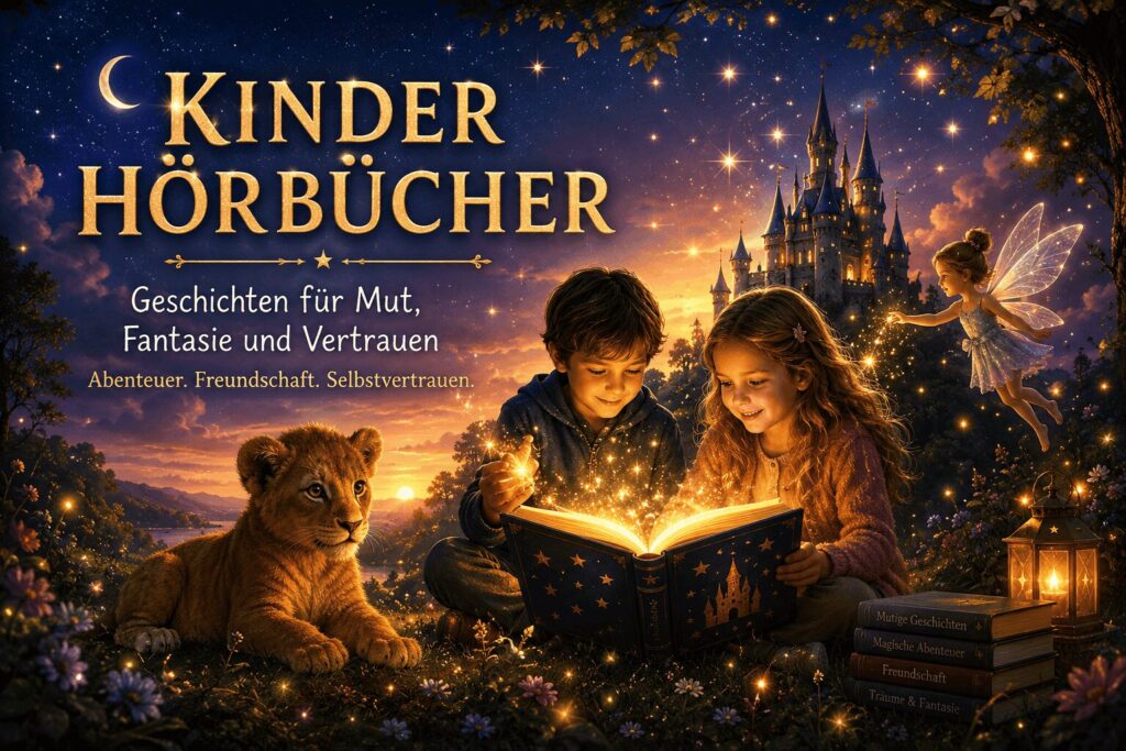 Kinder Hörbücher mit zwei Kindern, kleinem Löwen, magischem Buch, Sternenhimmel und Schloss in einer fantasievollen Abenteuerwelt