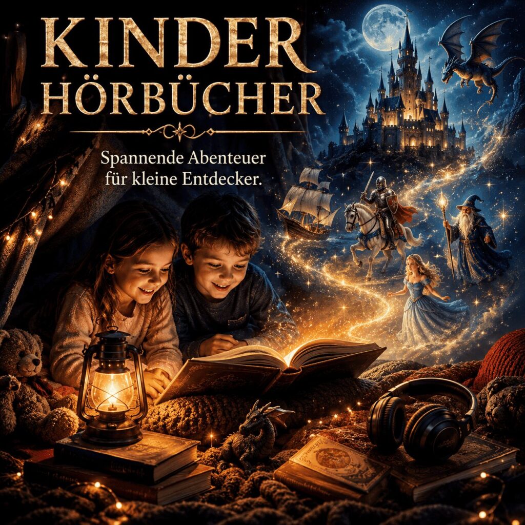 Kinder Hörbücher mit zwei Kindern, magischem Buch, Schloss, Drachen und fantasievollen Abenteuerwelten