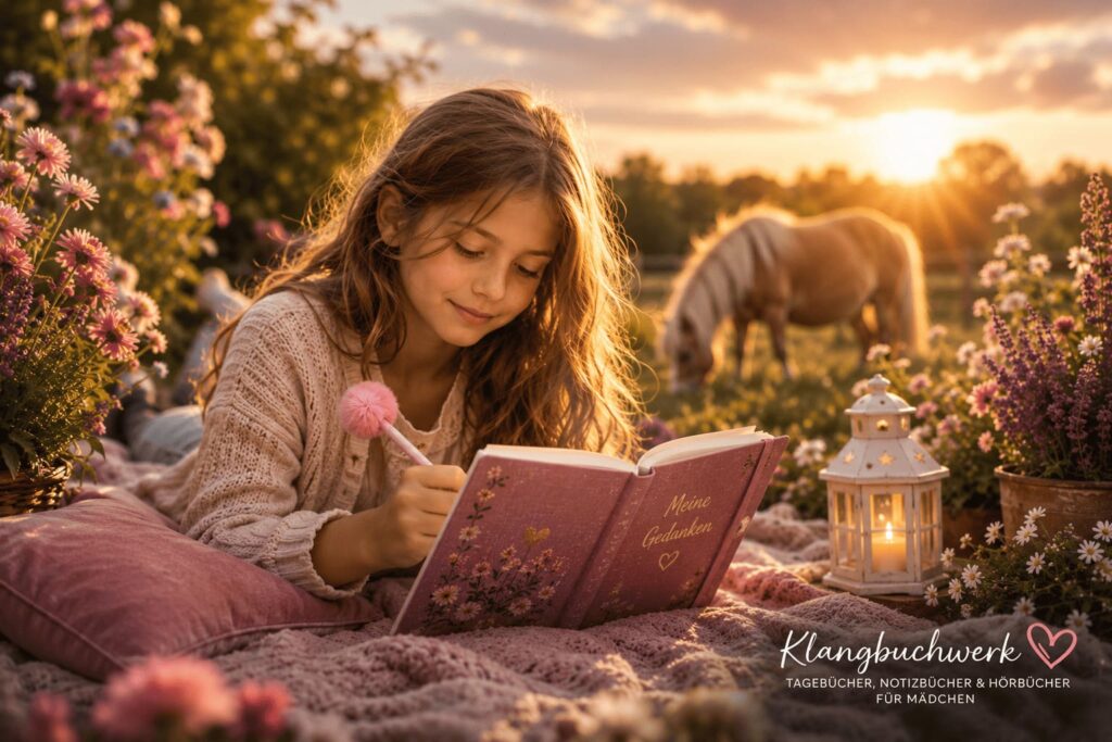 Mädchen schreibt in einem liebevoll gestalteten Tagebuch im warmen Abendlicht und entwickelt Fantasie, Gefühle und Selbstvertrauen.