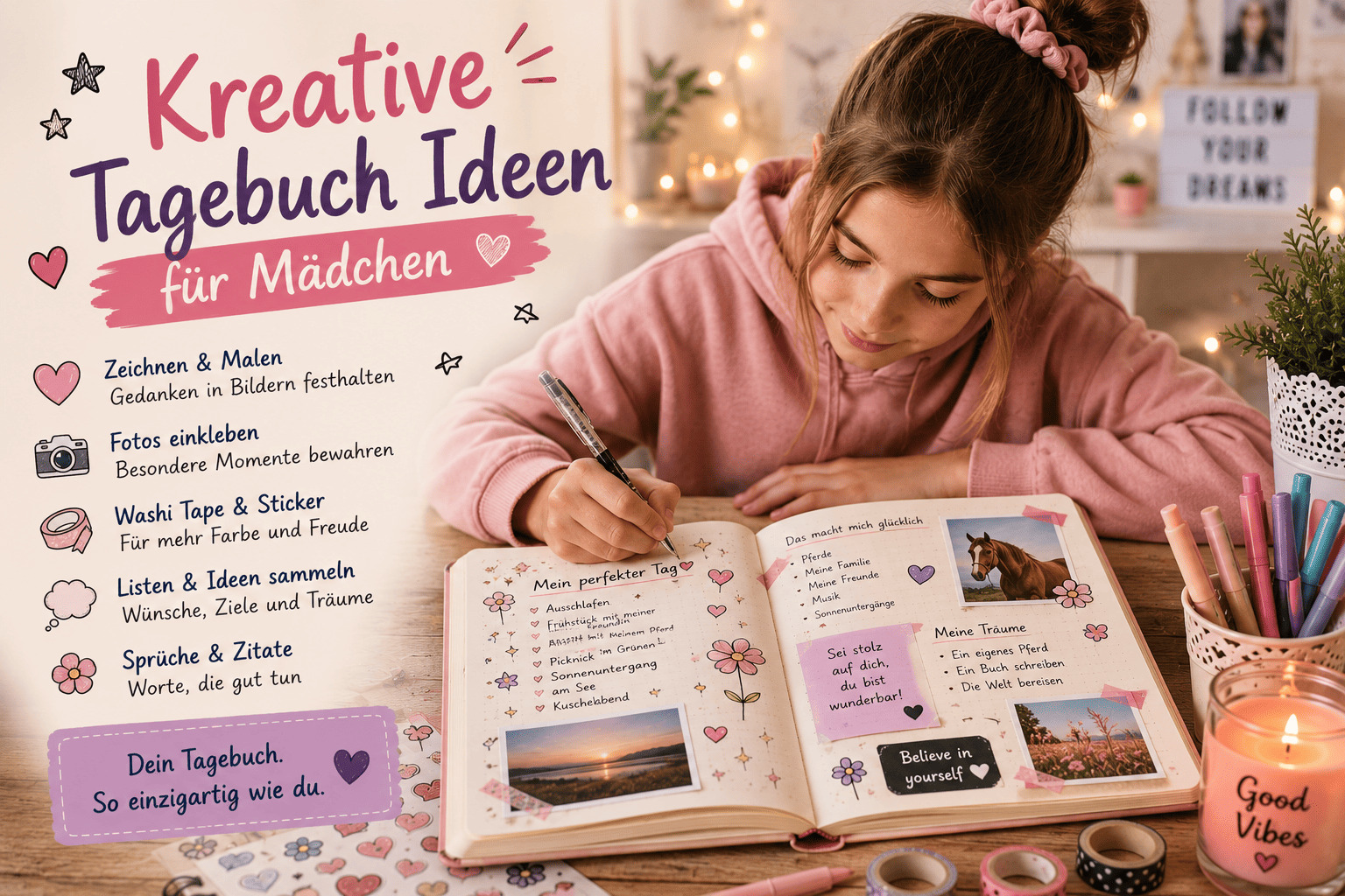 Mädchen gestaltet kreative Tagebuchseiten mit Stickern Fotos und Zeichnungen