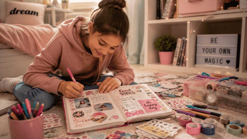 Mädchen gestaltet kreative Tagebuchseiten mit Stickern, Farben und Zeichnungen