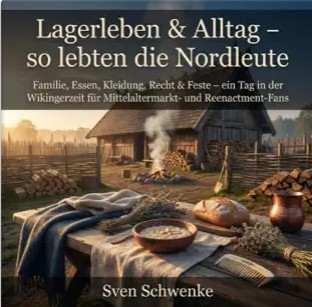 Cover des Hörbuchs Lagerleben und Alltag mit einem Wikingergehöft, Feuerstelle und Einblicken in das tägliche Leben der Nordleute