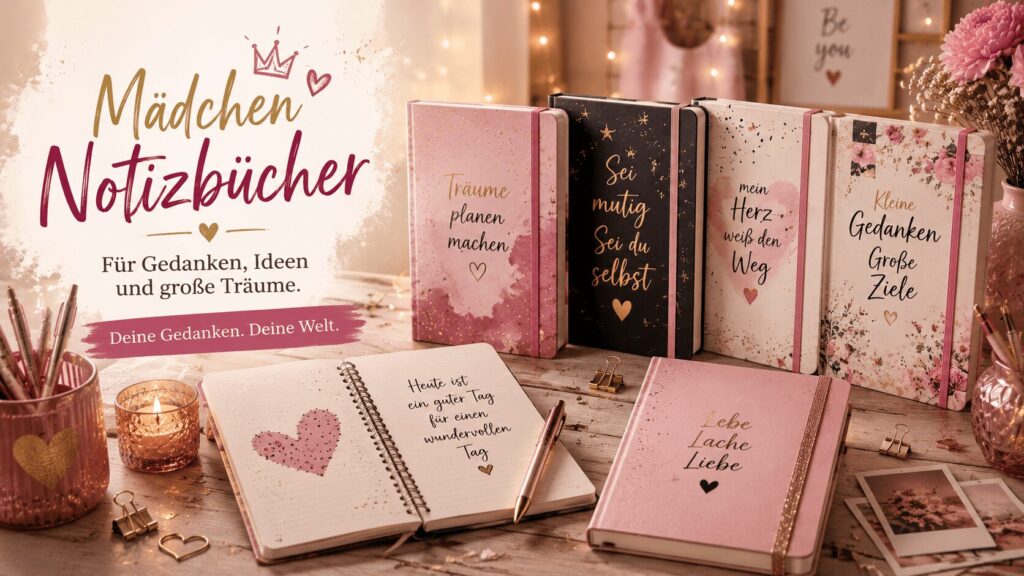 Liebevoll gestaltete Mädchen Notizbücher mit Blumen, Stiften und kreativen Ideen