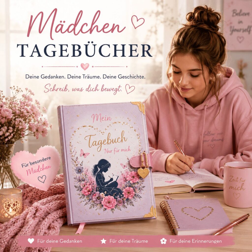 Mädchen schreibt in ein liebevoll gestaltetes Tagebuch mit Blumenmotiv