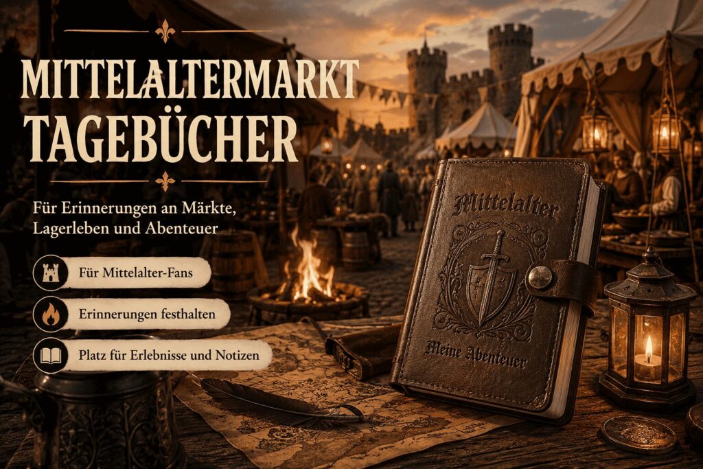 Mittelaltermarkt Tagebücher mit Lagerfeuer, Marktständen und mittelalterlichem Tagebuch für Erinnerungen und Erlebnisse