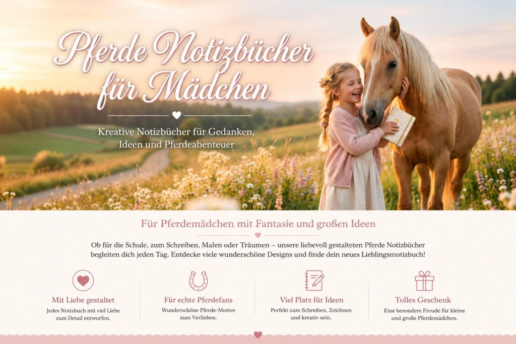 Mädchen mit Pferd und Notizbuch auf einer blühenden Wiese bei Sonnenuntergang